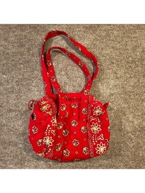 Vera Bradley Red Quilted Floral Paisley Cotton Shoulder Bag Tote Purse